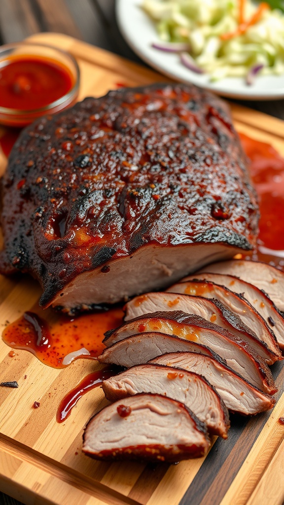 Smoked BBQ brisket on a cutting board with slices and BBQ sauce.